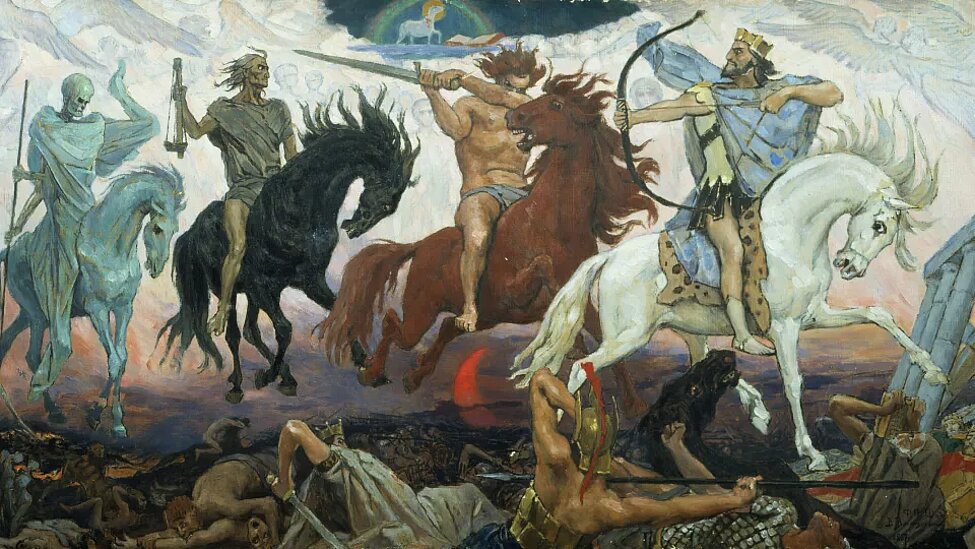 Oljemålning av de fyra ryttarna från Uppenbarelseboken. Byline: Viktor Vasnetsov, Public domain, via Wikimedia Commons 